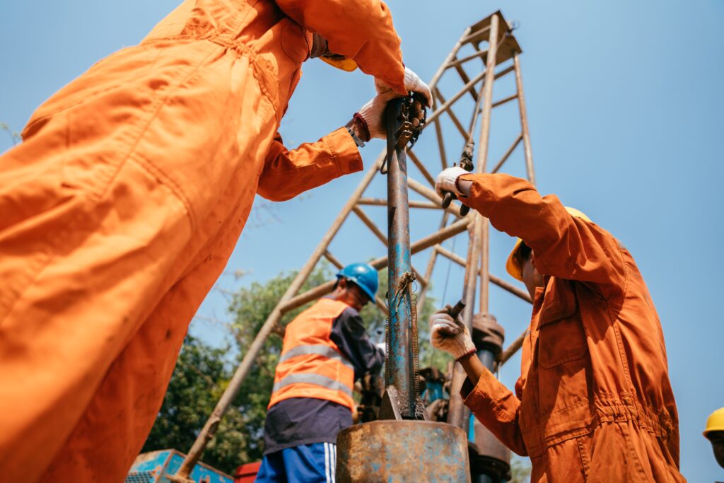 Low angle shot of workers with a blurred background at daytime